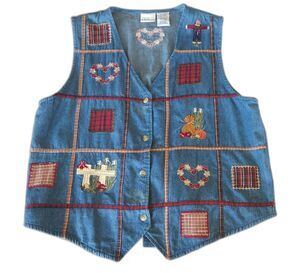Bobbie Brooks 90s Vtg Denim Vest Patchwork Embroidered Farmcore Cottagecore -  L